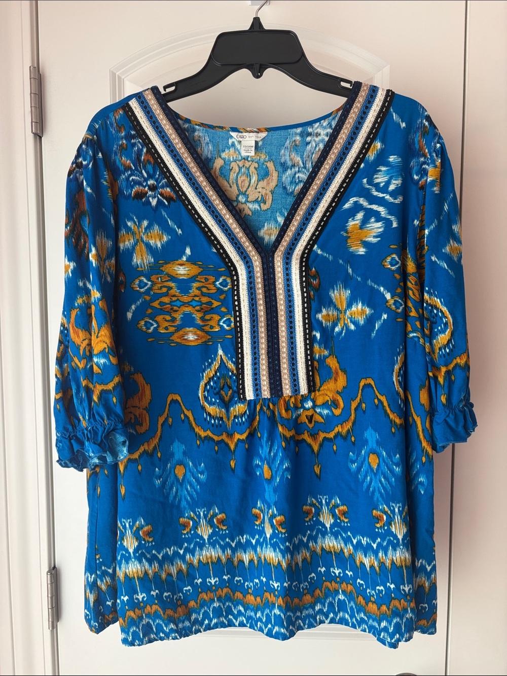 Cato Blue and Mustard Short Sleeve Blouse - Picture 2 of 11